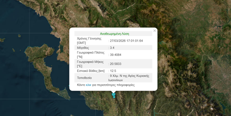 Νέος σεισμός 3,4 Ρίχτερ στα Ιωάννινα