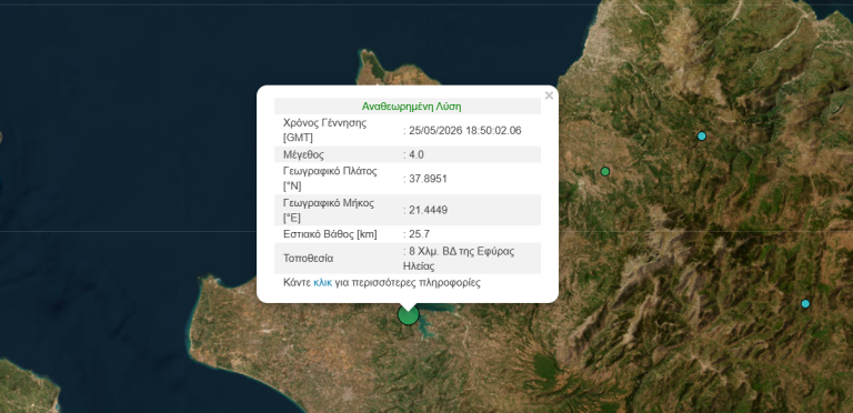 Σεισμός 4 Ρίχτερ στην Ηλεία – Αισθητός και στην Πάτρα